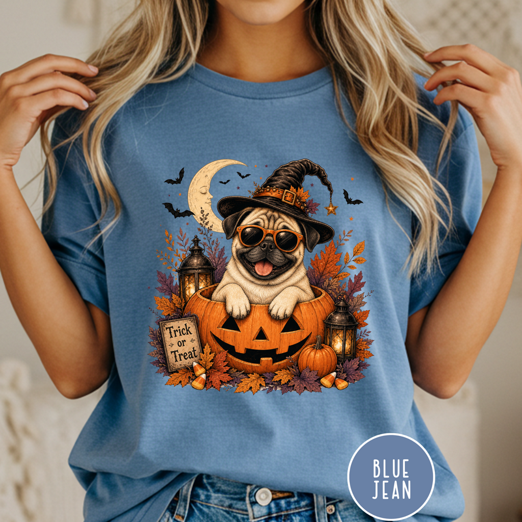 Pug in a Jack-o-Lantern T-shirt