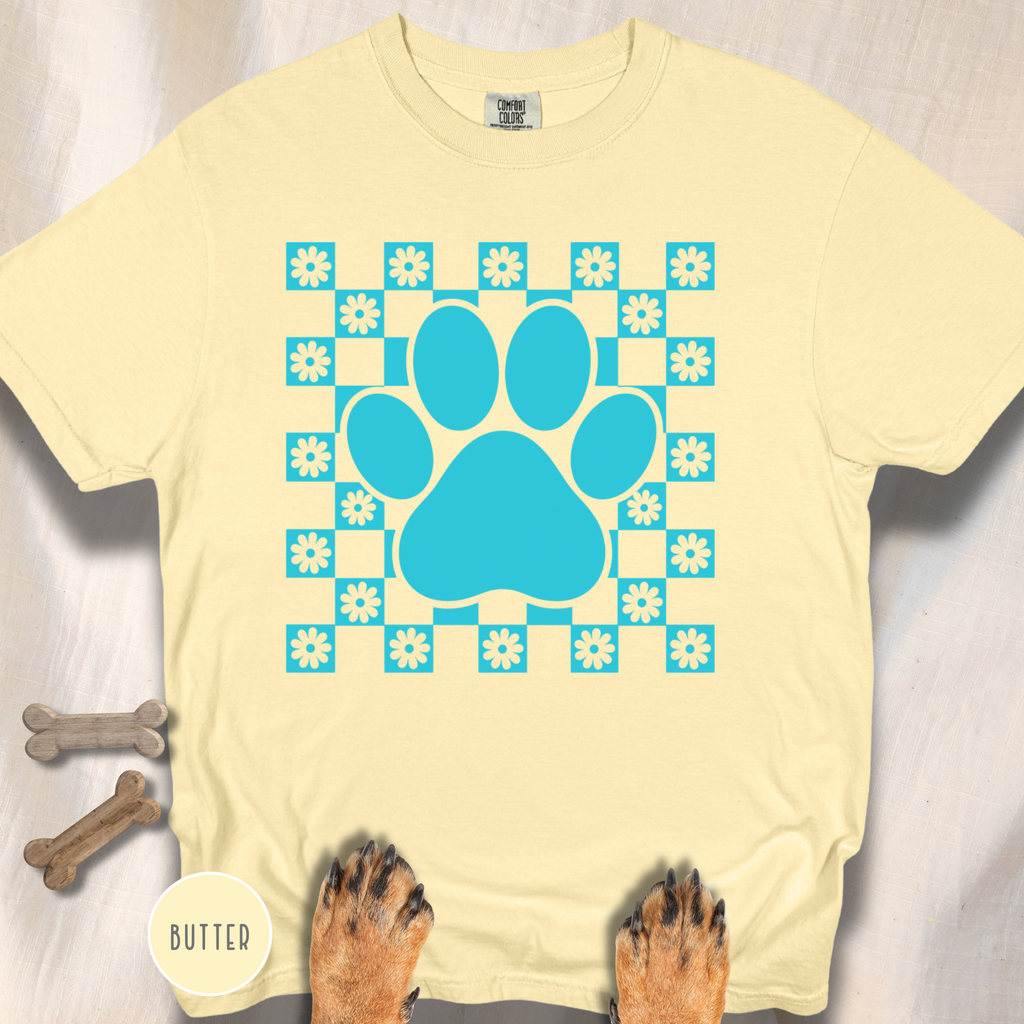 Retro Daisy Grid Paw Print T-shirt