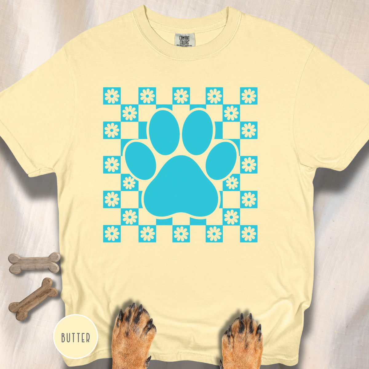 Retro Daisy Grid Paw Print T-shirt