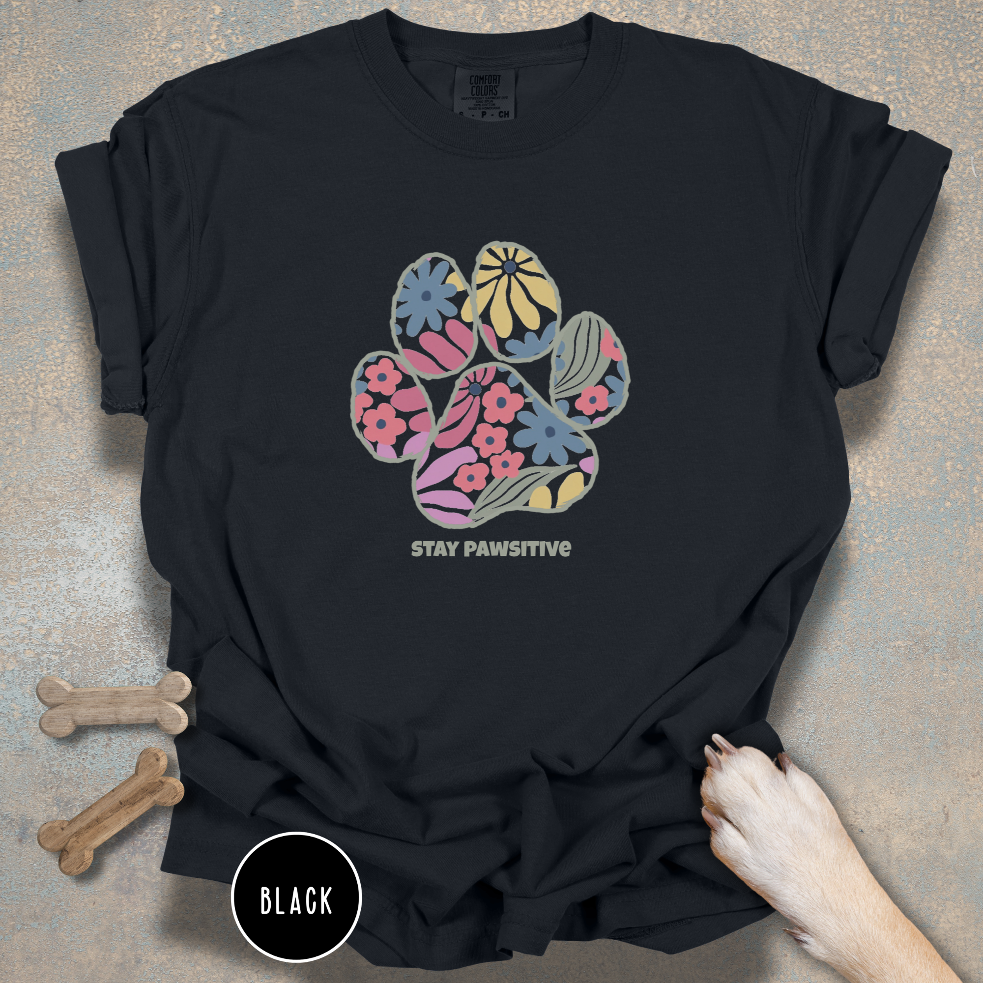 Stay Pawsitive Floral Paw Print T-Shirt