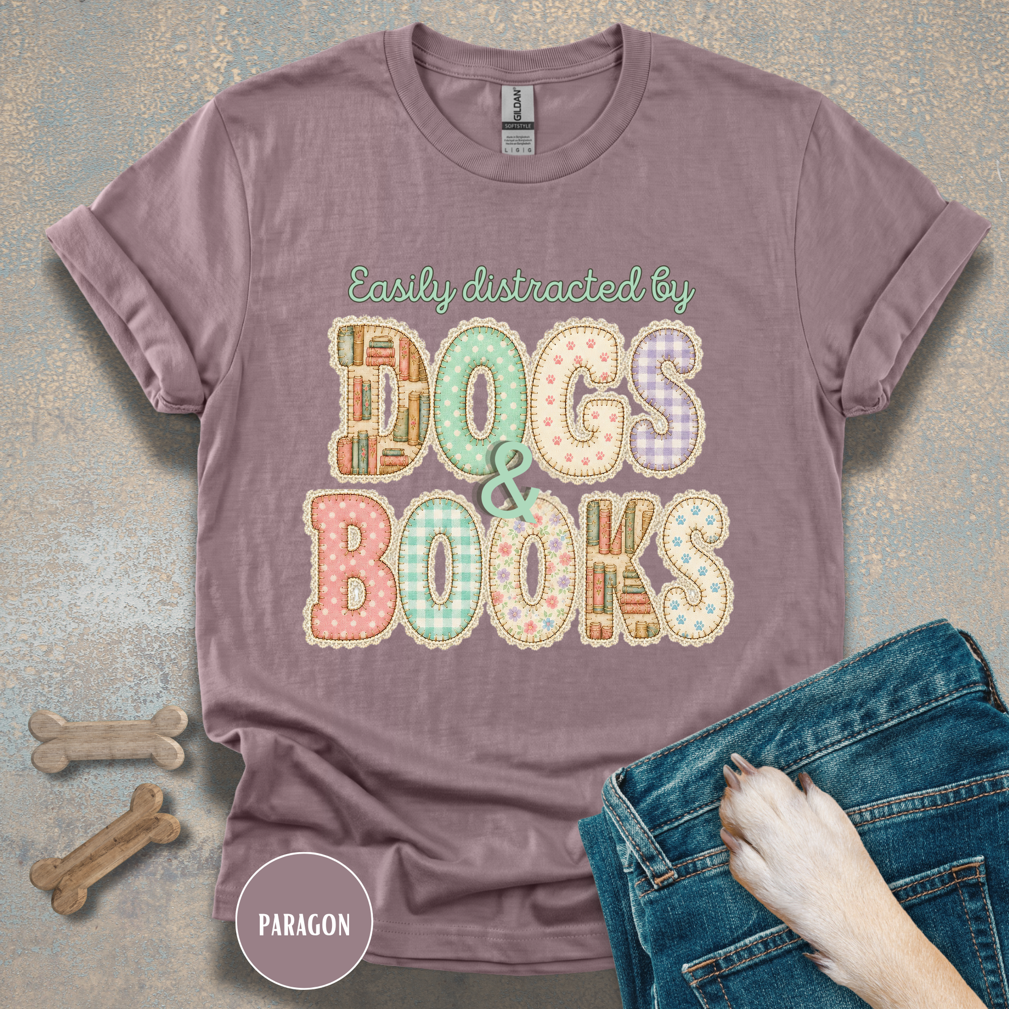 Easily Distracted by Dogs & Books faux patchwork T-Shirt