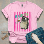 Whiskey, Hair of the Dog Pug Hangover T-Shirt. Pink stripes
