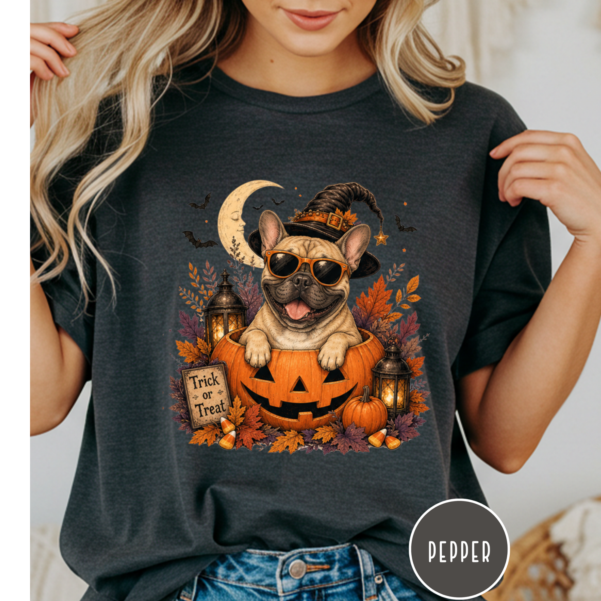 French Bull Dog in a Jack-o-Lantern T-shirt