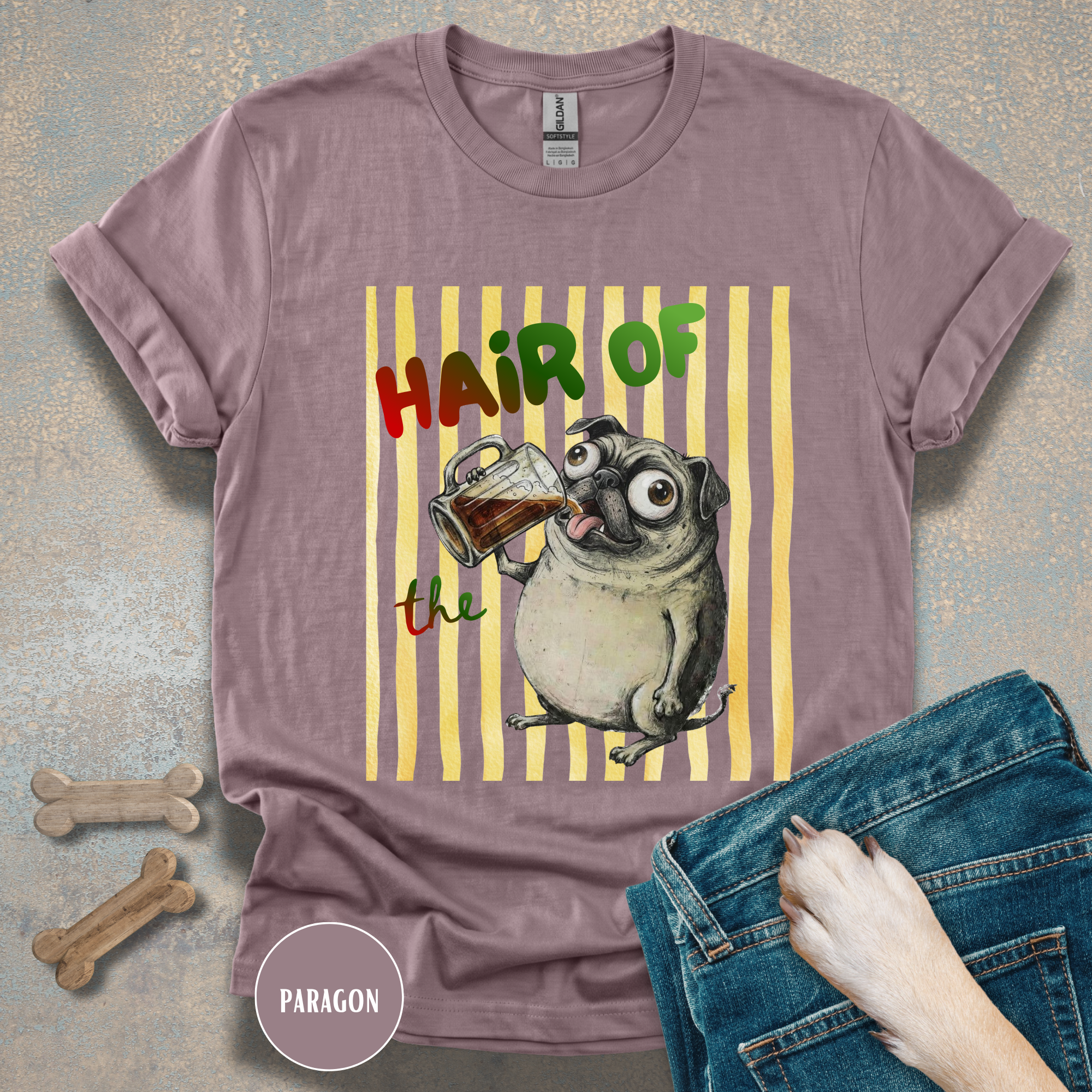 Hair of the Dog Pug with Beer T-shirt, Yellow stripes