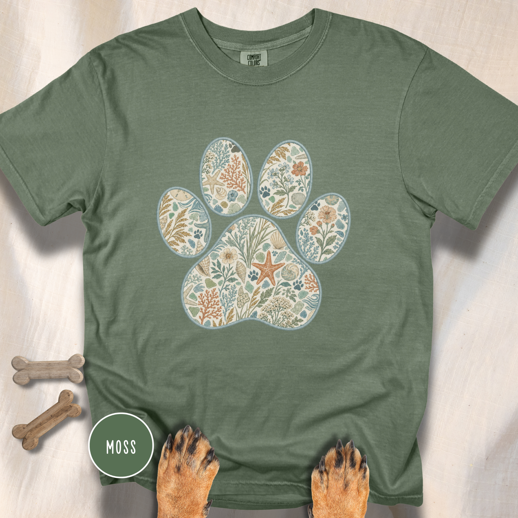 Coastal Seashore Vintage Botanical Dog Paw T-Shirt