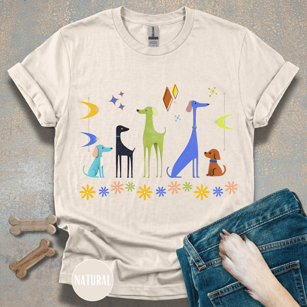 Retro Atomic Dogs Graphic T-Shirt – Mid Century Modern Dog Lover Tee