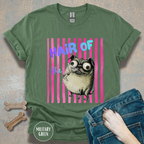 Hair of the Dog Pug Hangover T-Shirt. Pink stripes, blue gradient text
