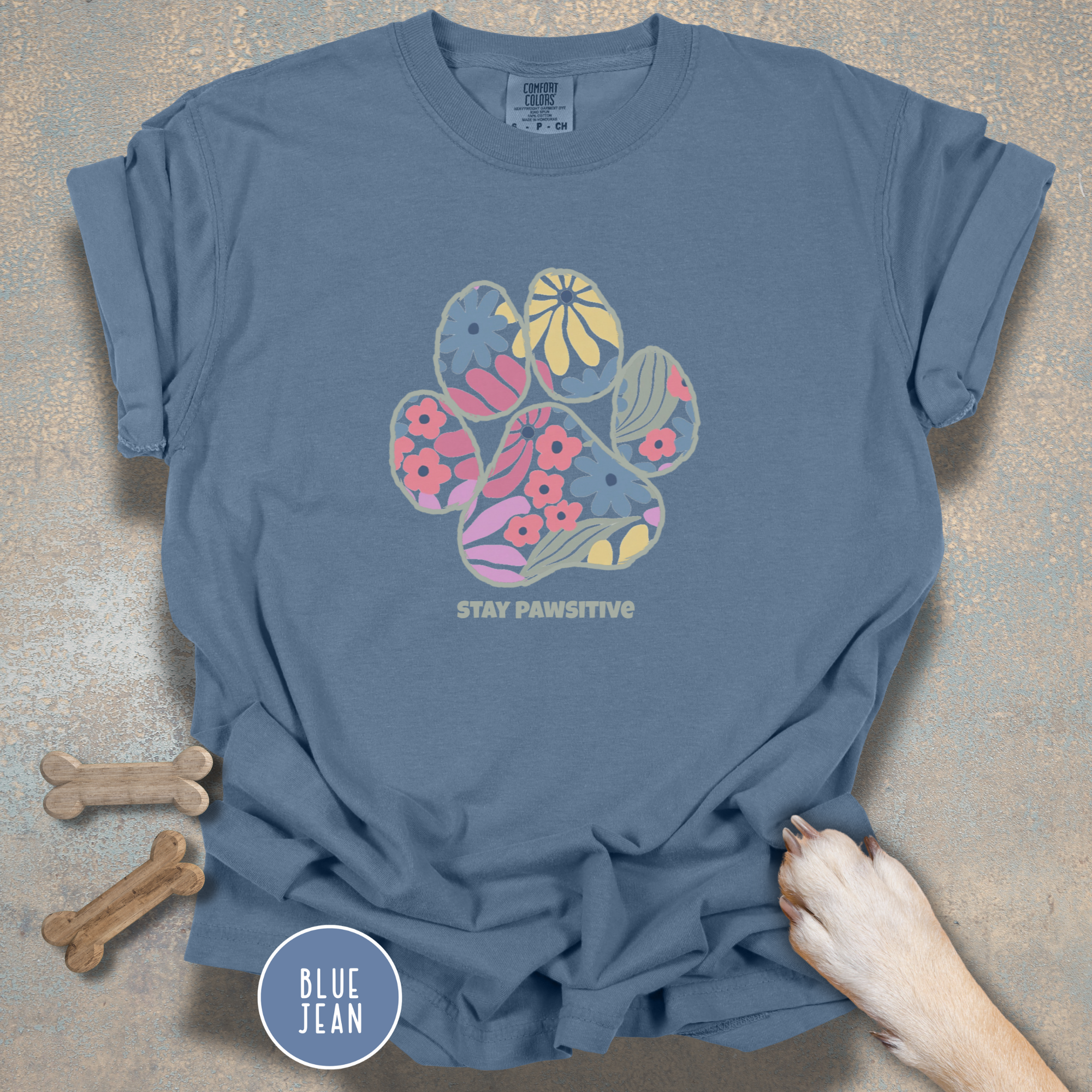Stay Pawsitive Floral Paw Print T-Shirt