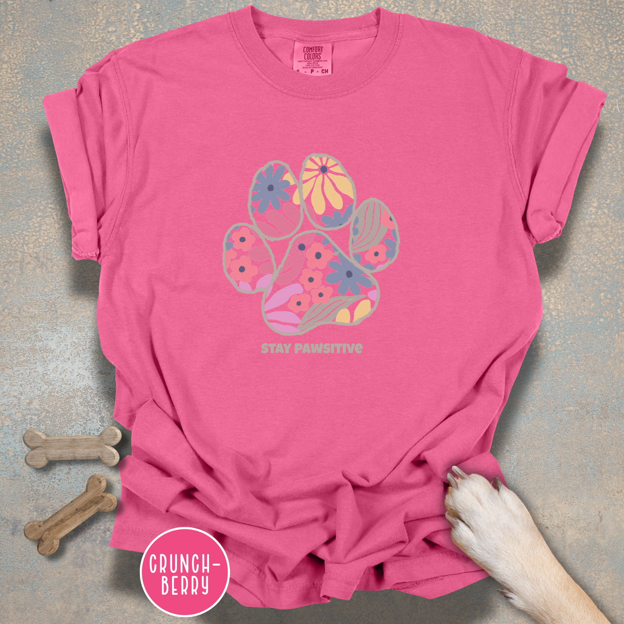 Stay Pawsitive Floral Paw Print T-Shirt