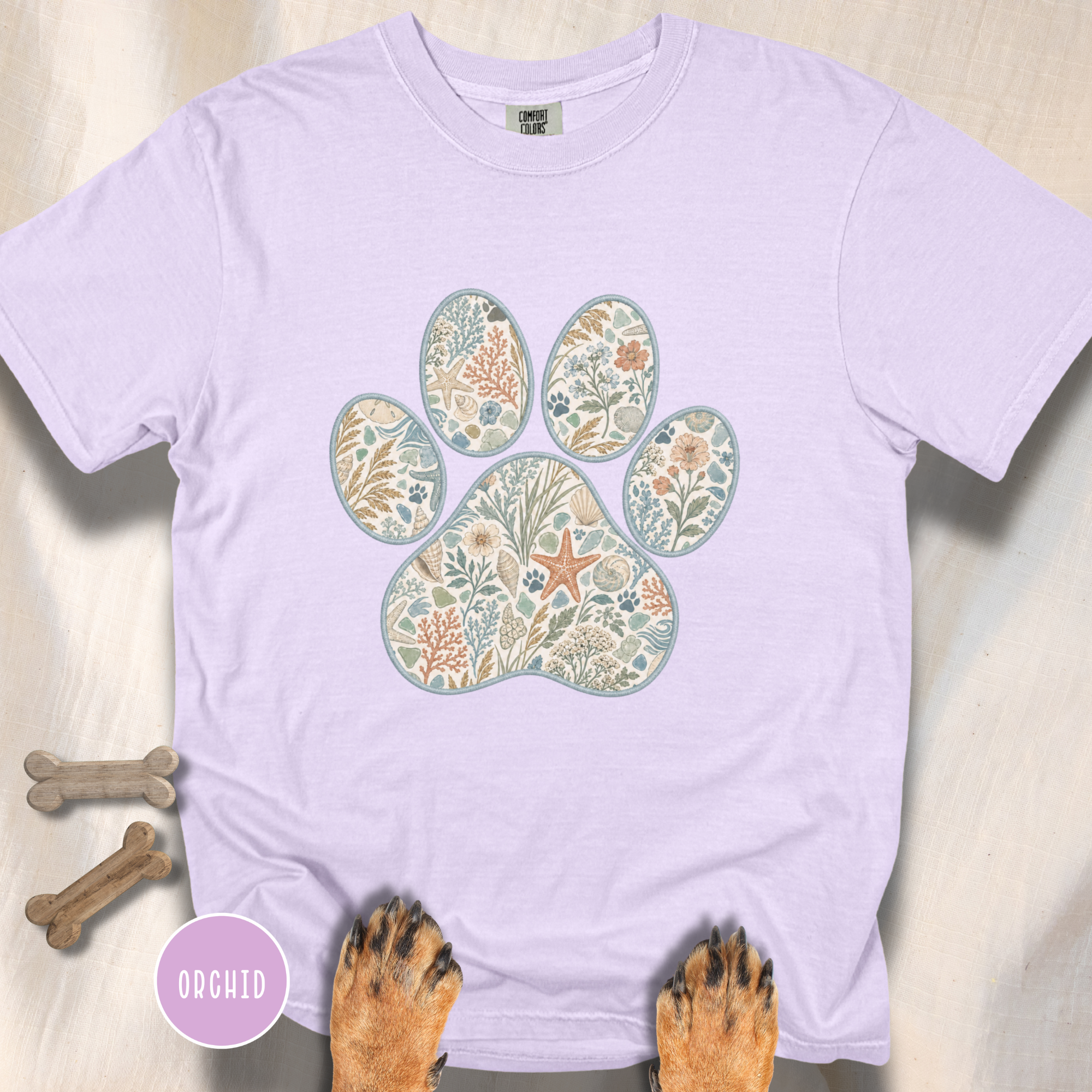Coastal Seashore Vintage Botanical Dog Paw T-Shirt