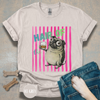 Whiskey, Hair of the Dog Pug Hangover T-Shirt. Pink stripes