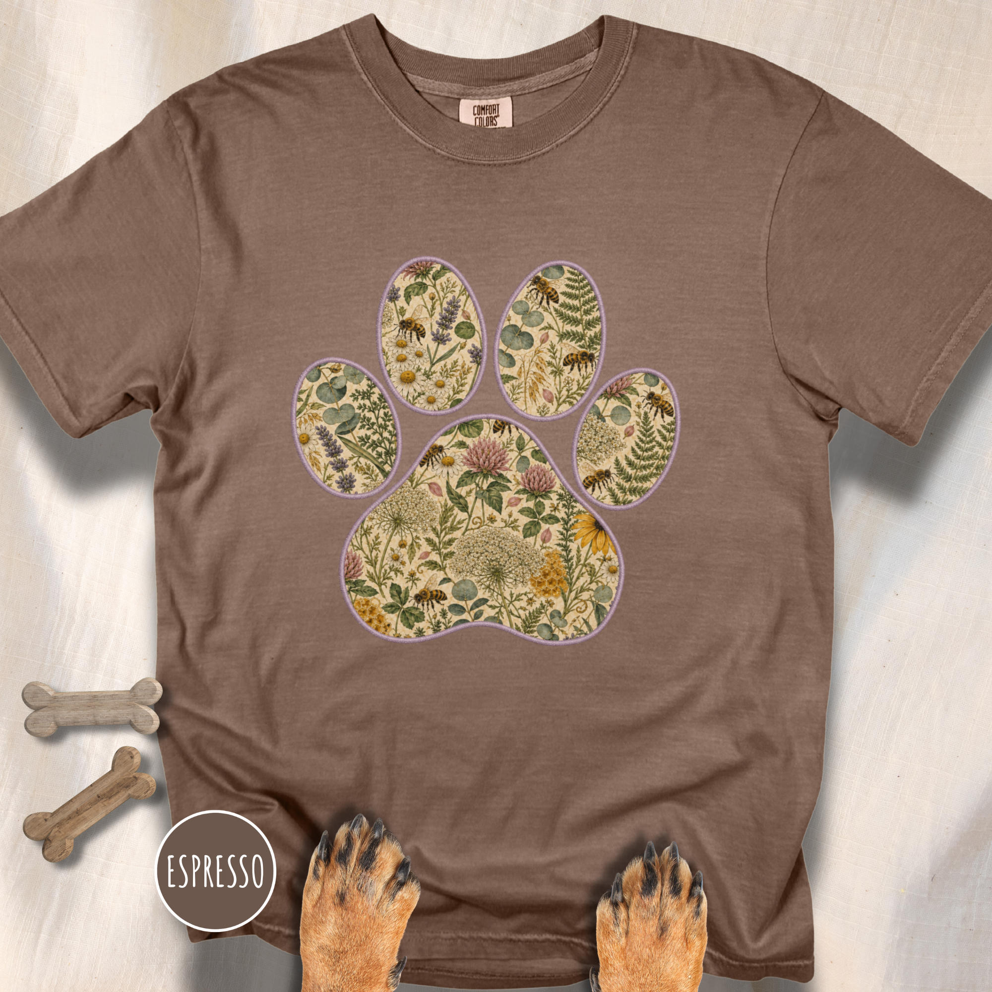 Honey Bee Vintage Botanical Dog Paw T-Shirt