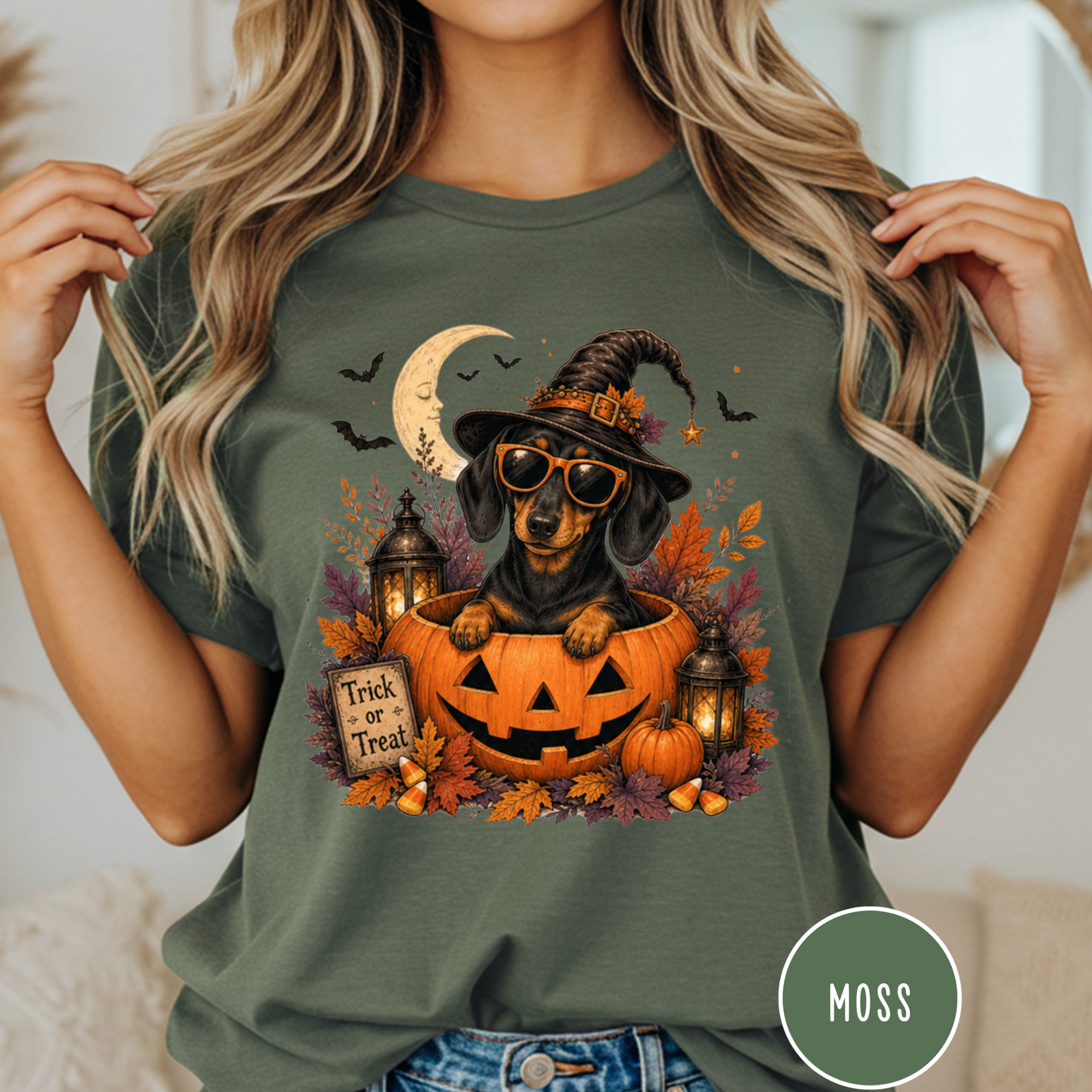 Dachshund in a Jack-o-Lantern T-shirt