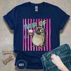 Whiskey, Hair of the Dog Pug Hangover T-Shirt. Pink stripes