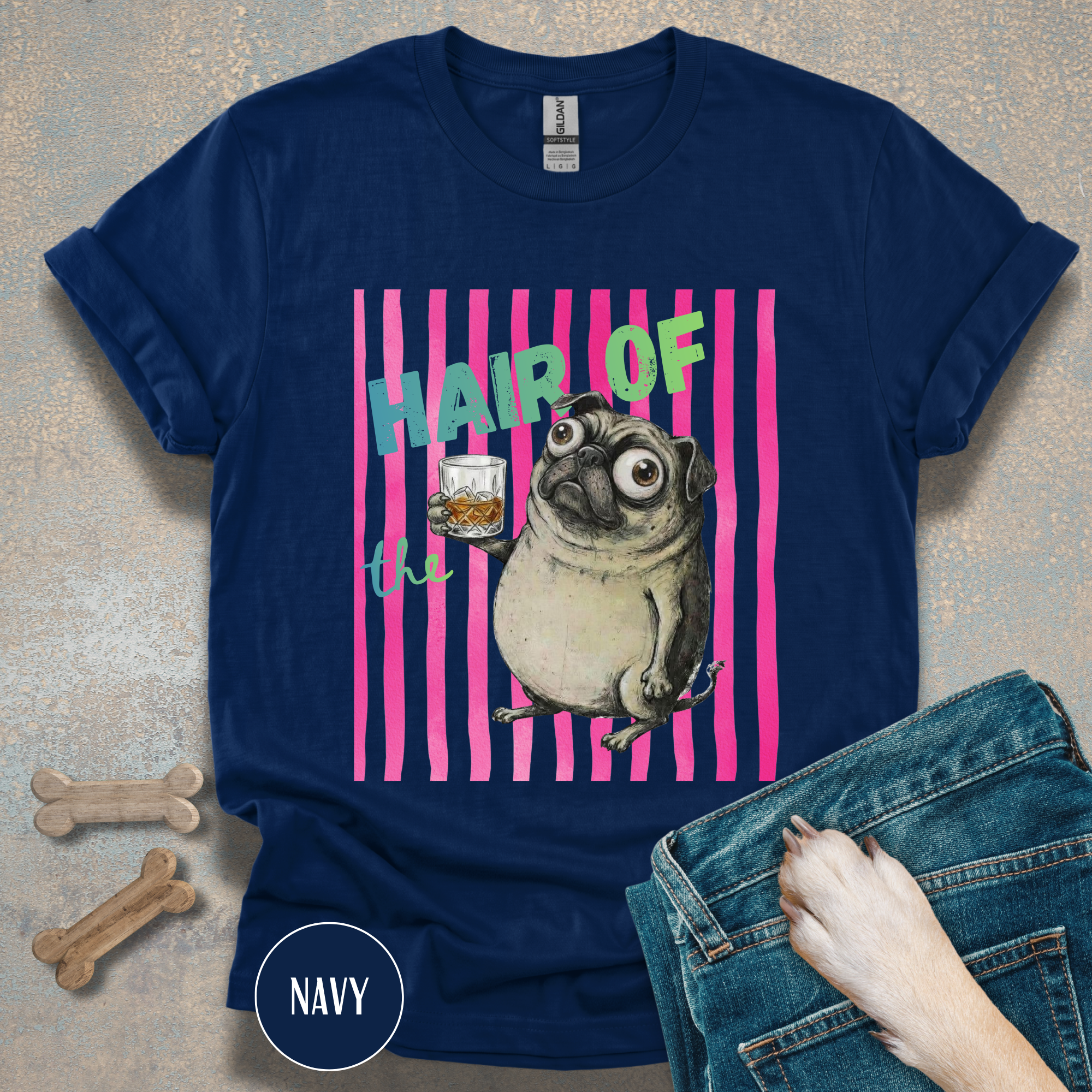 Whiskey, Hair of the Dog Pug Hangover T-Shirt. Pink stripes