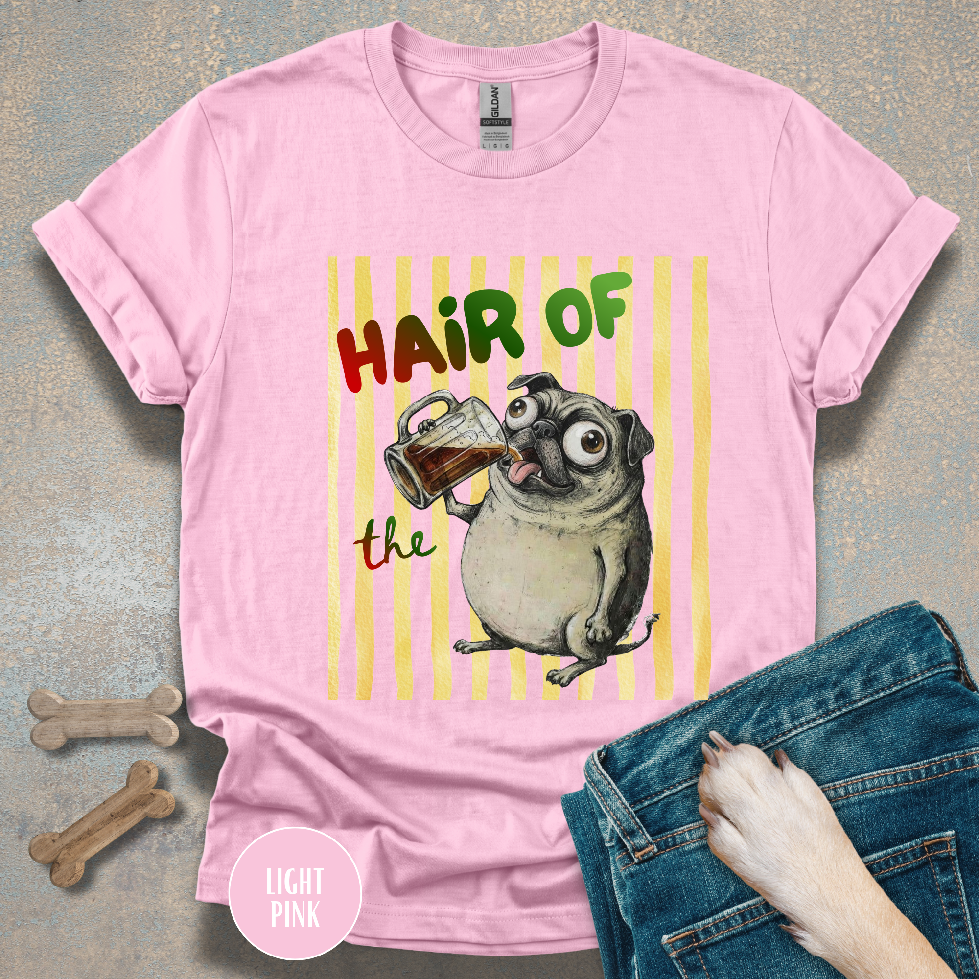 Hair of the Dog Pug with Beer T-shirt, Yellow stripes