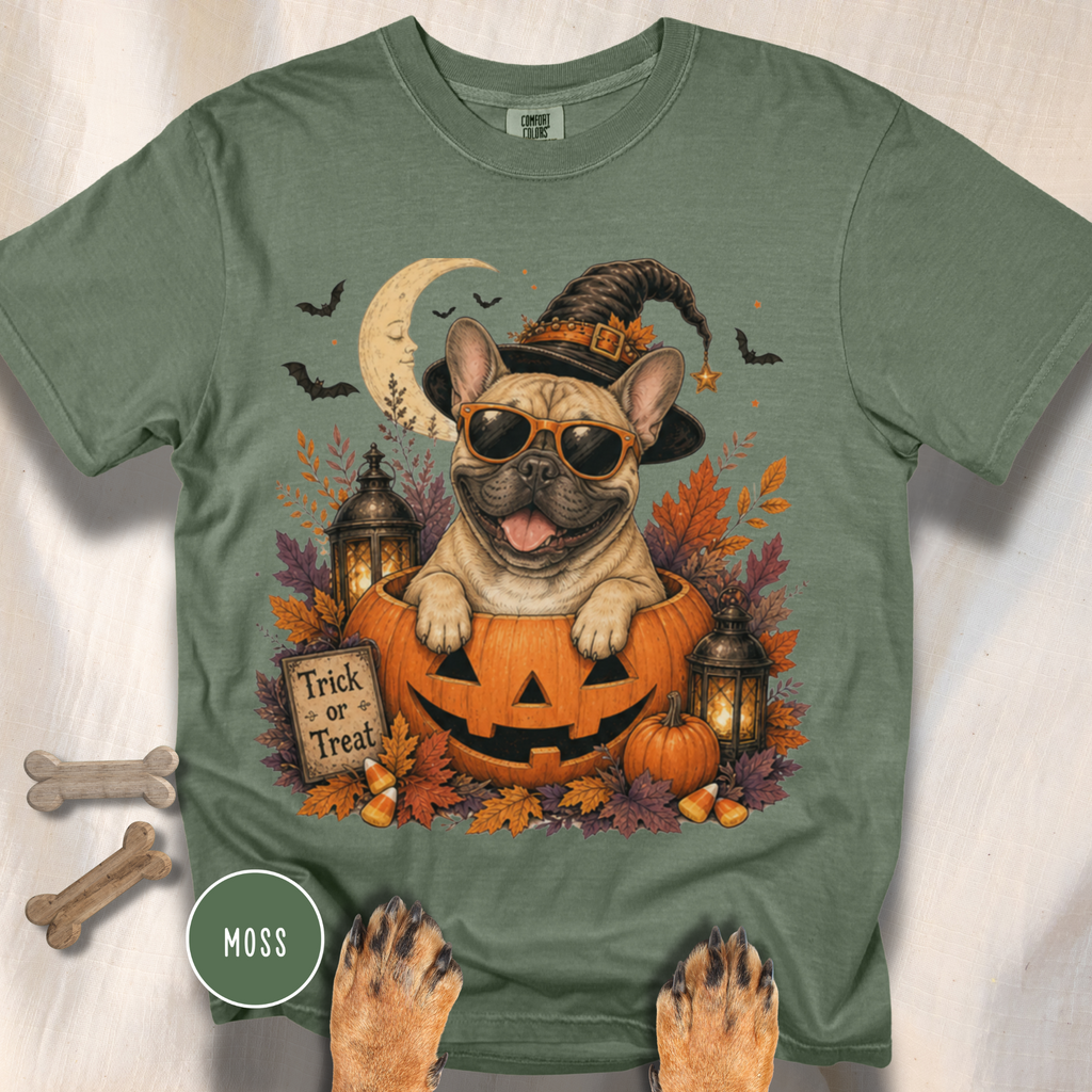 French Bull Dog in a Jack-o-Lantern T-shirt