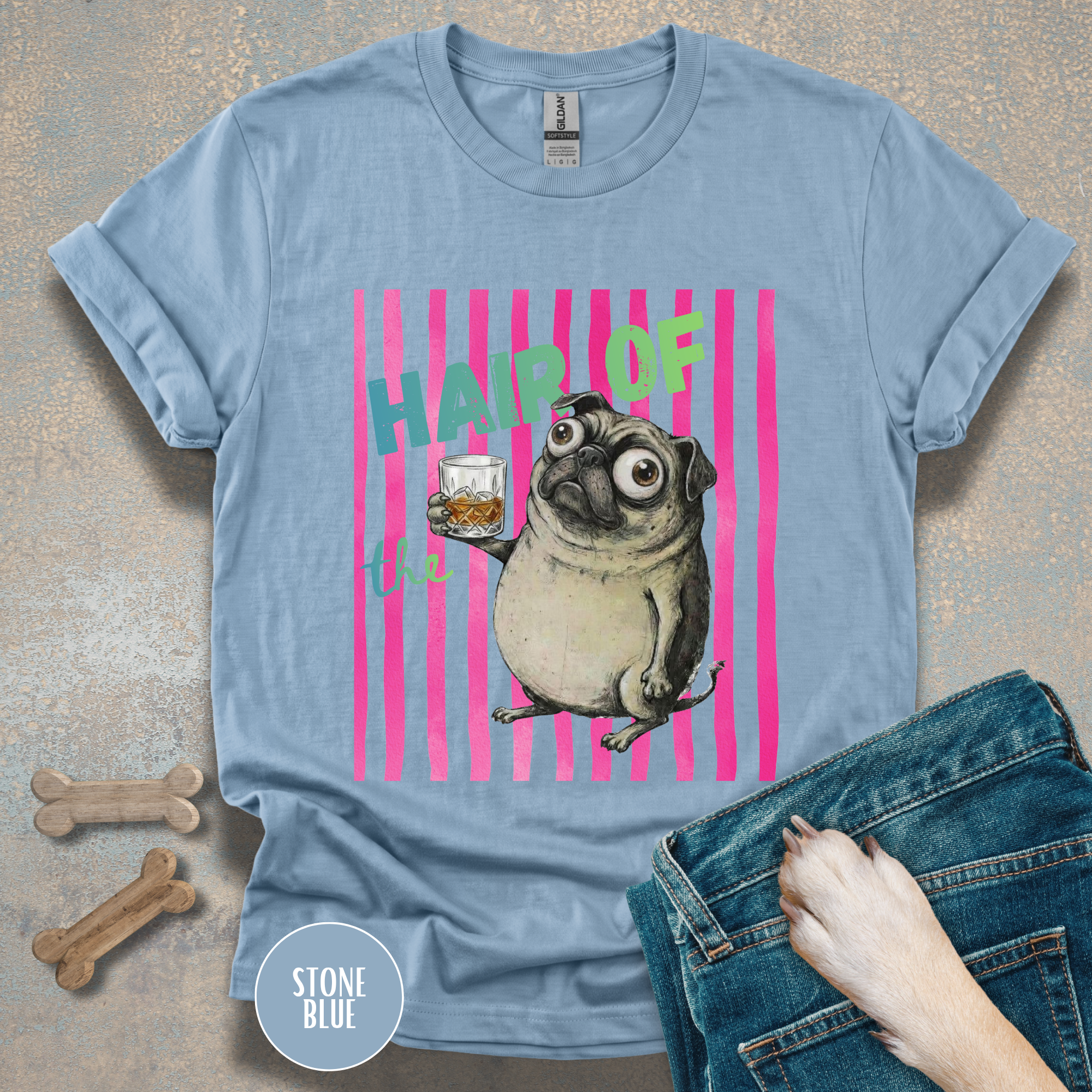 Whiskey, Hair of the Dog Pug Hangover T-Shirt. Pink stripes