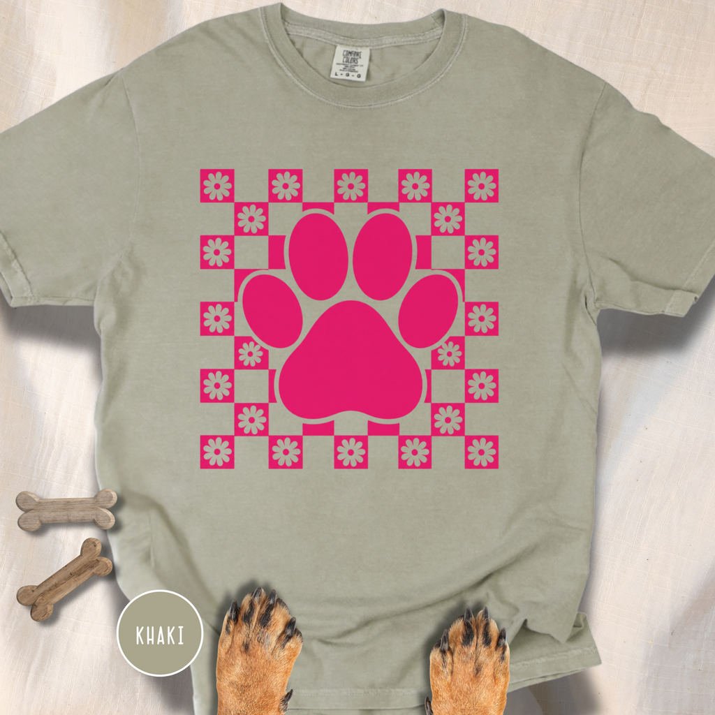 Retro Pink Daisy Grid Paw Print T-shirt