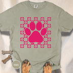 Retro Pink Daisy Grid Paw Print T-shirt