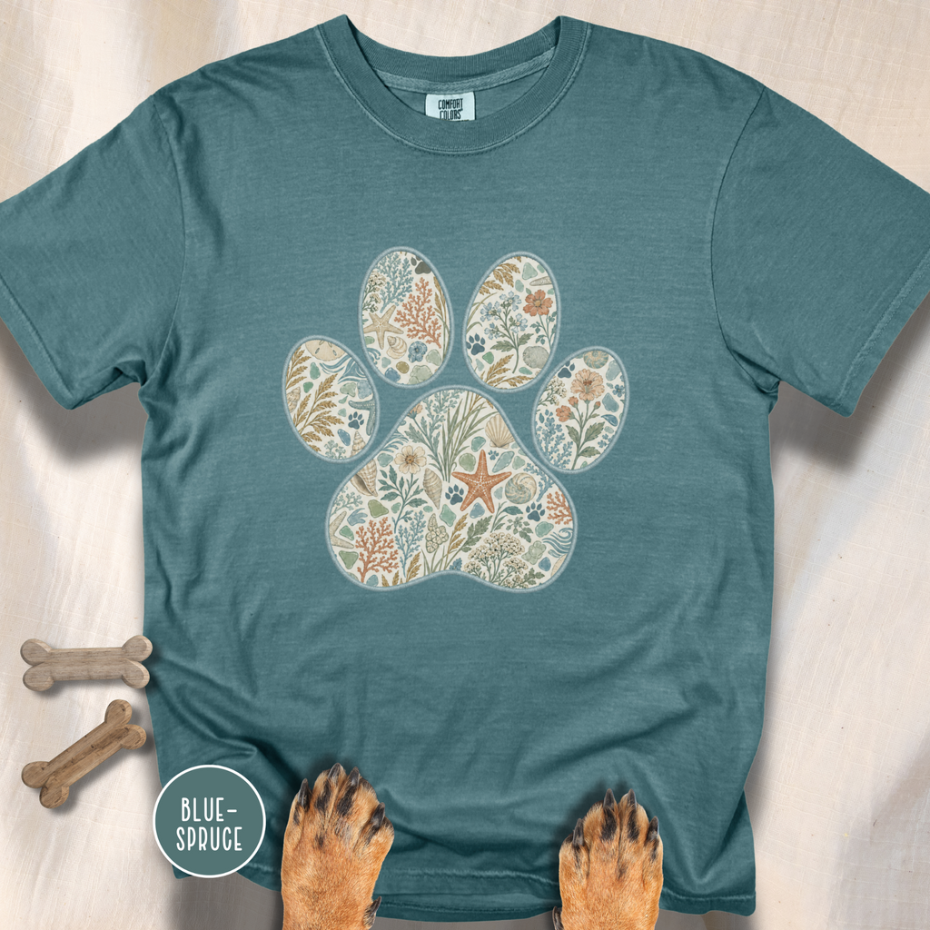 Coastal Seashore Vintage Botanical Dog Paw T-Shirt
