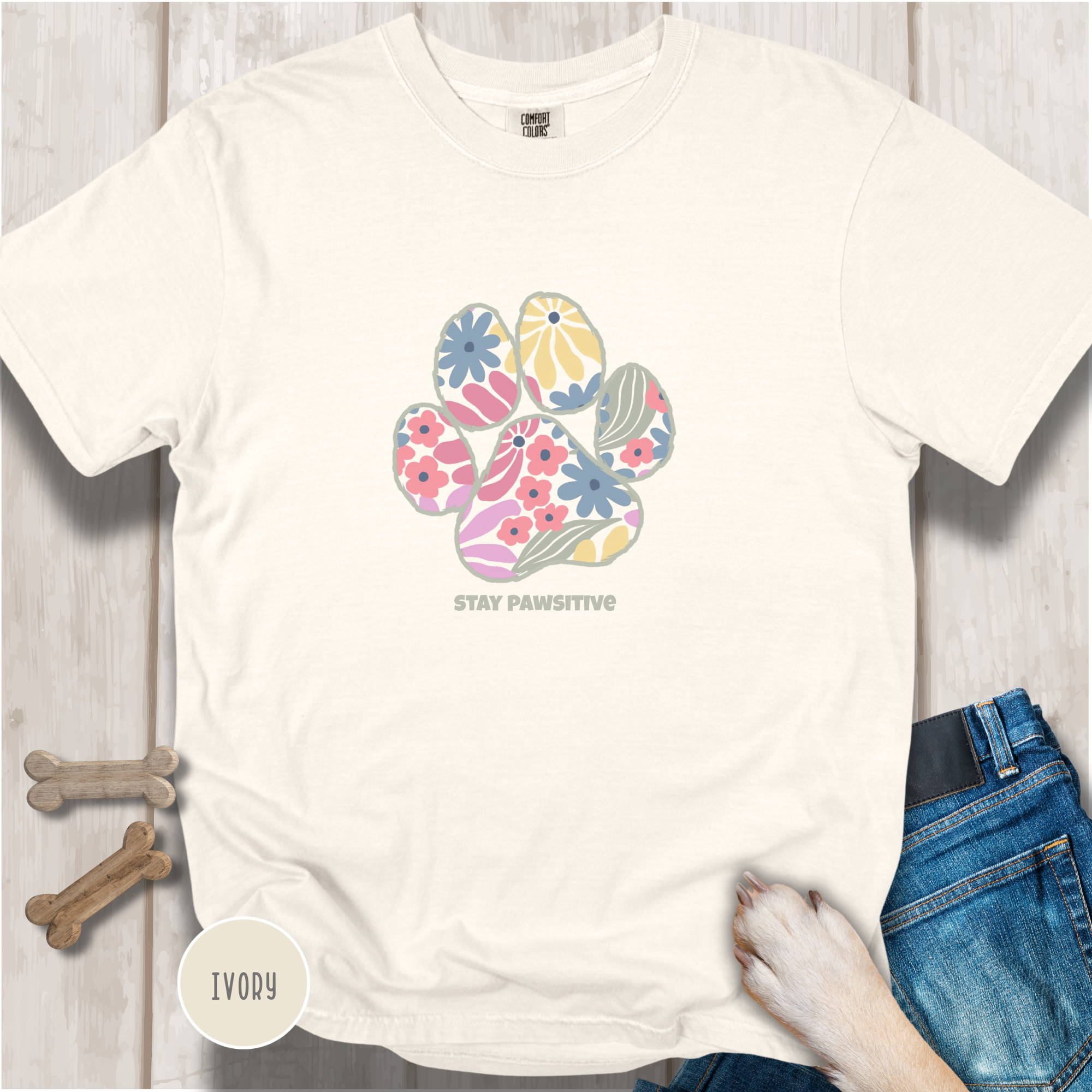 Stay Pawsitive Floral Paw Print T-Shirt