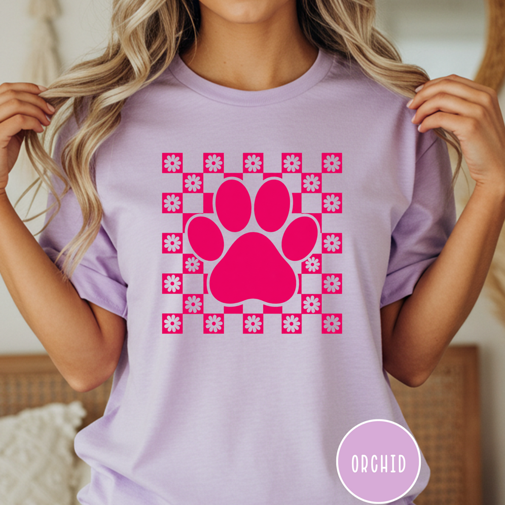 Retro Pink Daisy Grid Paw Print T-shirt