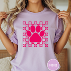 Retro Pink Daisy Grid Paw Print T-shirt