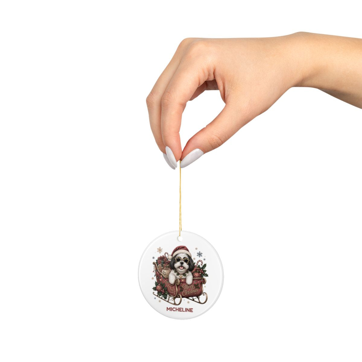 Personalized Dog in Santa's Sleigh Ceramic Ornament - Pick your breed