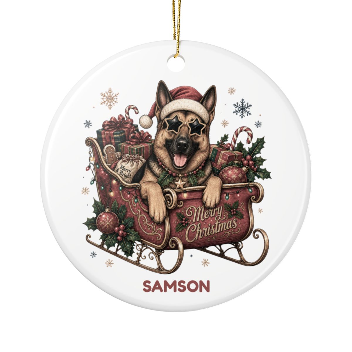 Personalized Dog in Santa's Sleigh Ceramic Ornament - Pick your breed