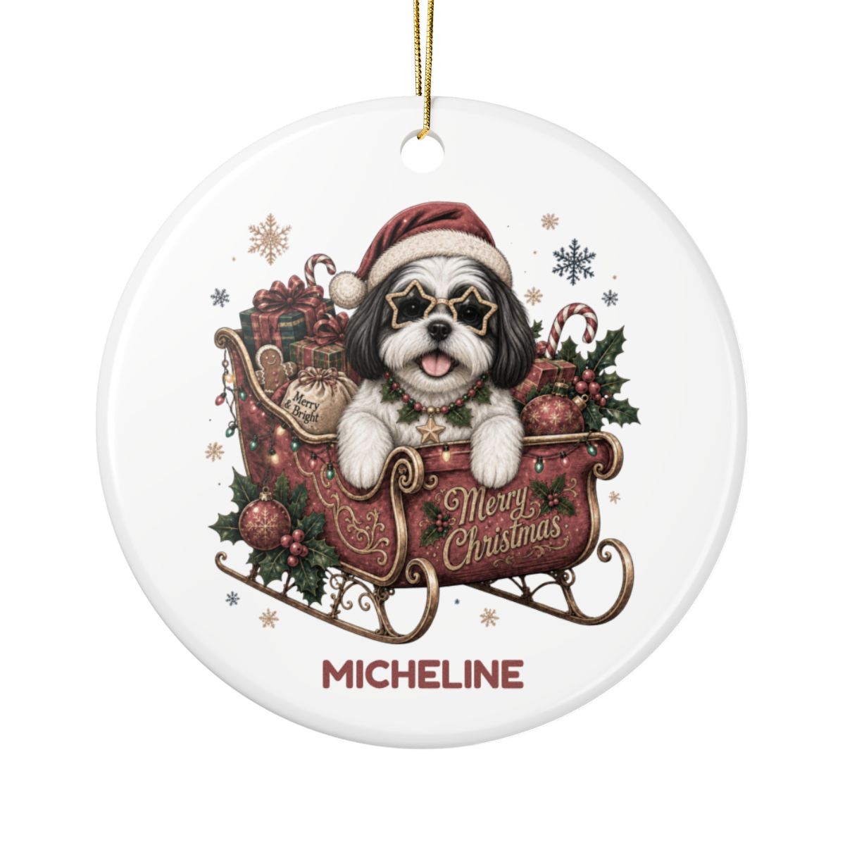 Personalized Dog in Santa's Sleigh Ceramic Ornament - Pick your breed