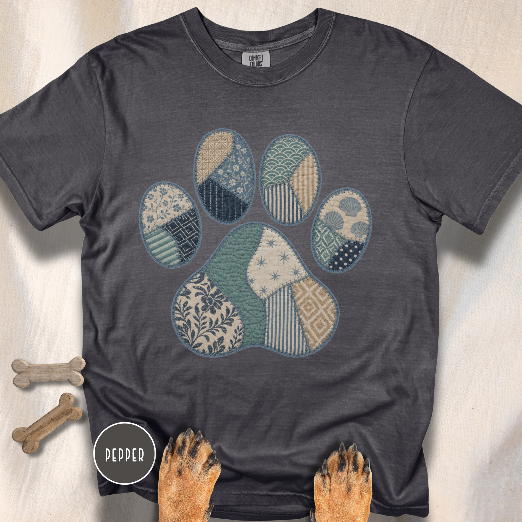 Faux Patchwork Coastal Dog Paw T-shirt