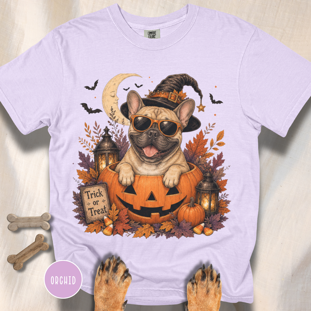 French Bull Dog in a Jack-o-Lantern T-shirt