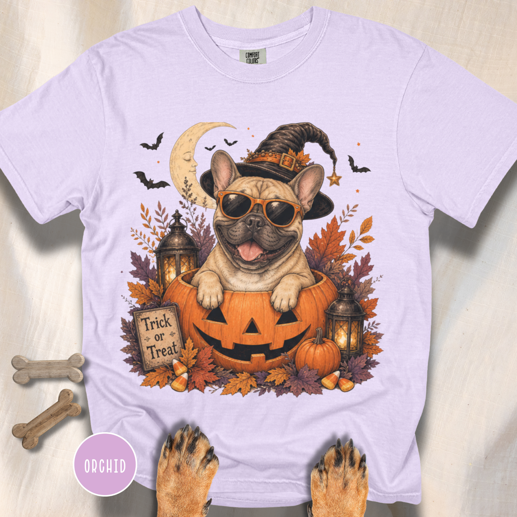 French Bull Dog in a Jack-o-Lantern T-shirt