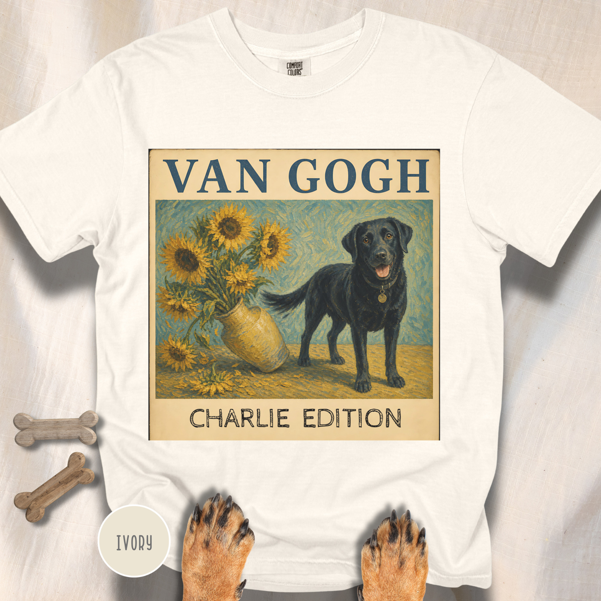 Personalized Black Lab Van Gogh Sunflowers Down T-Shirt