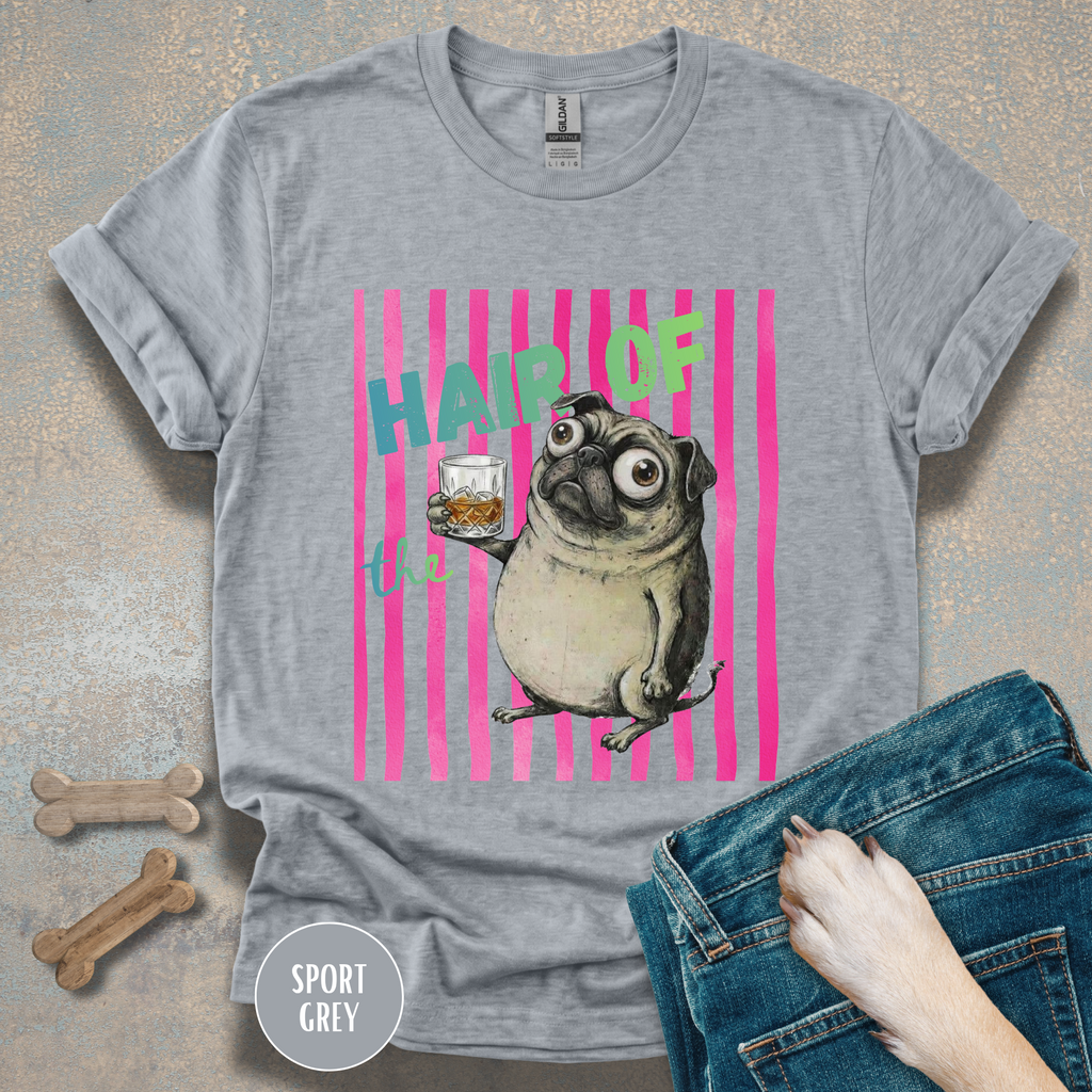 Whiskey, Hair of the Dog Pug Hangover T-Shirt. Pink stripes