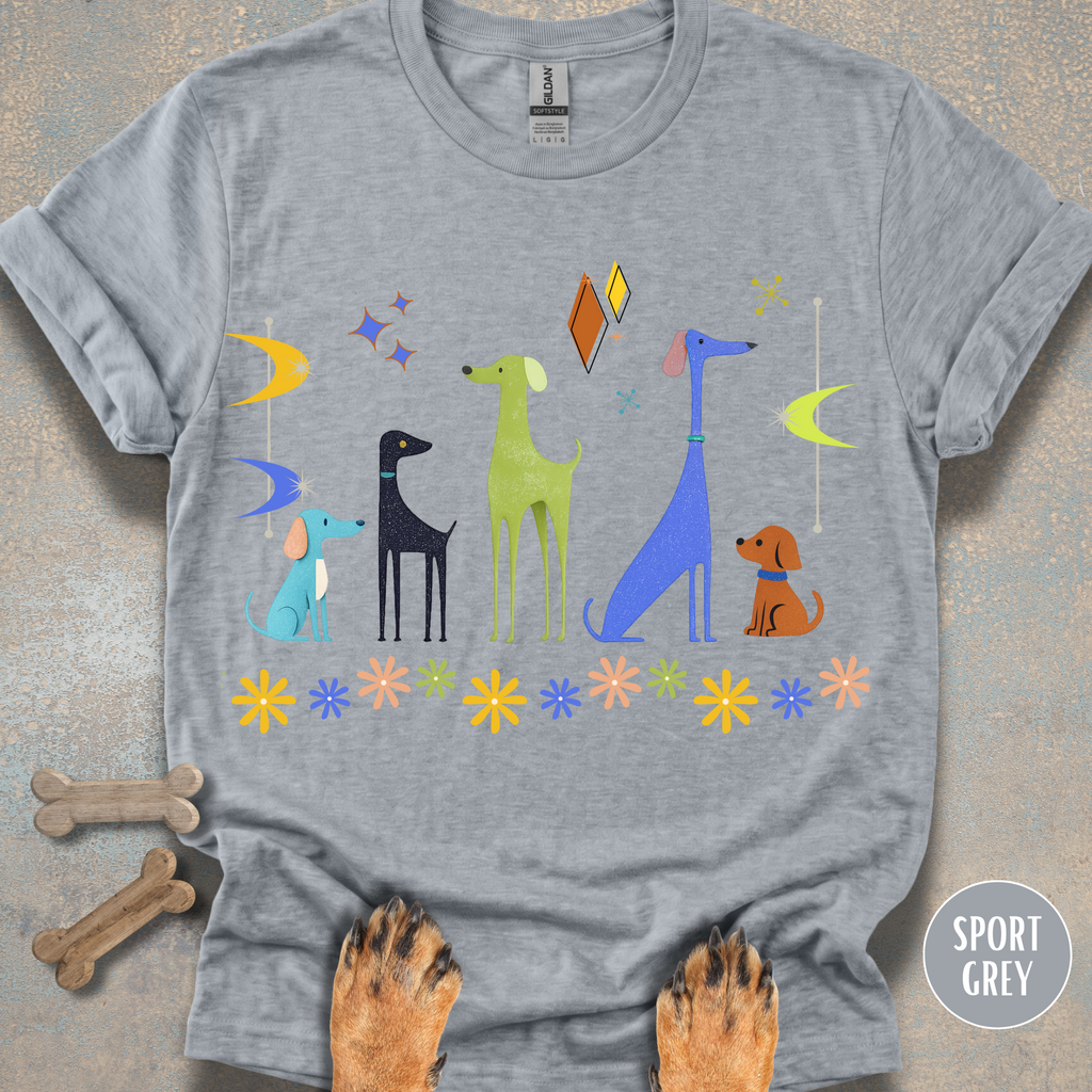 Retro Atomic Dogs Graphic T-Shirt – Mid Century Modern Dog Lover Tee