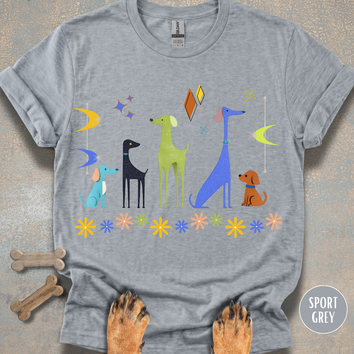 Retro Atomic Dogs Graphic T-Shirt – Mid Century Modern Dog Lover Tee