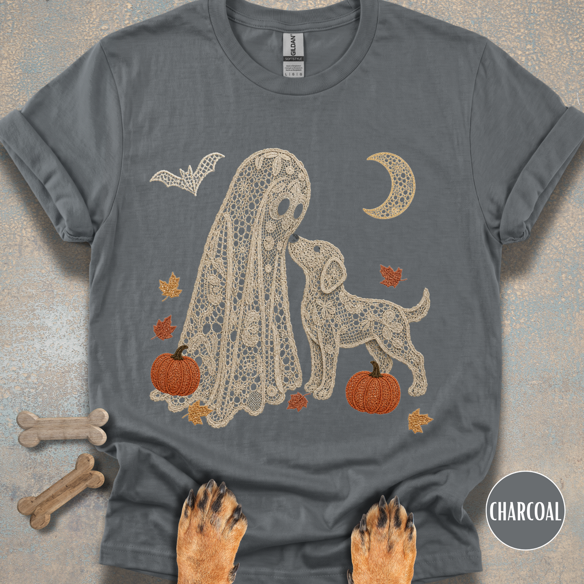 Faux Lace Ghost and Dog in the Fall T-shirt