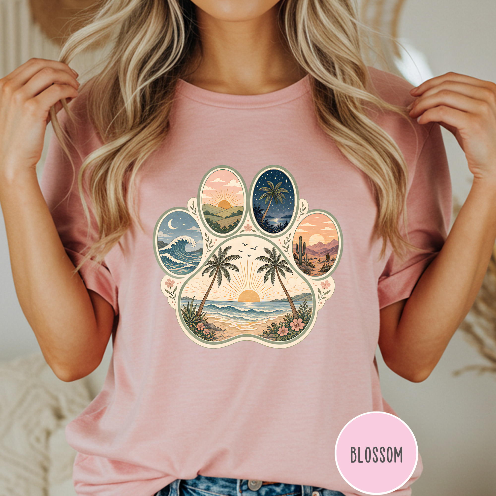 Retro Beach Scene Paw Print T-shirt