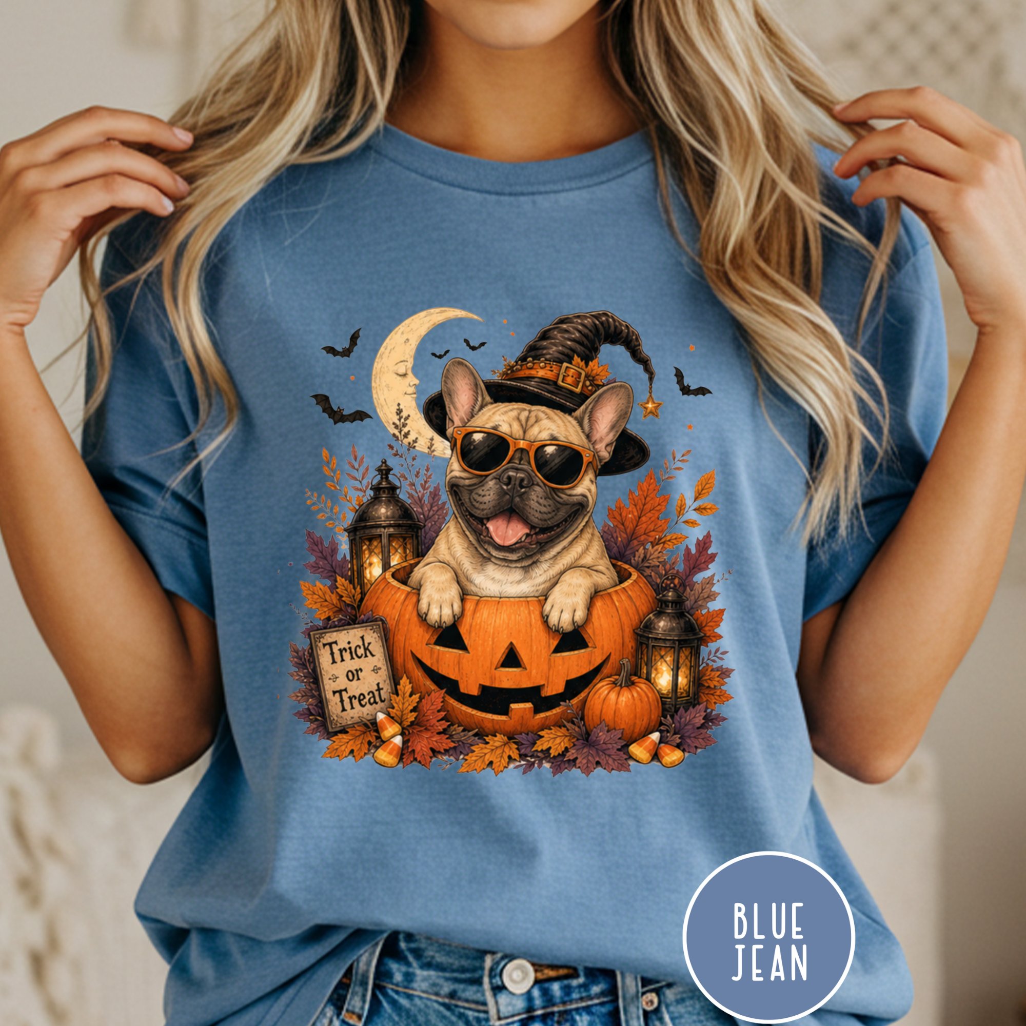 French Bull Dog in a Jack-o-Lantern T-shirt