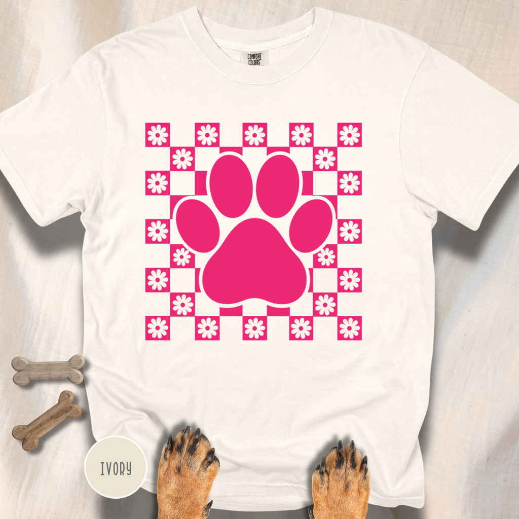 Retro Pink Daisy Grid Paw Print T-shirt