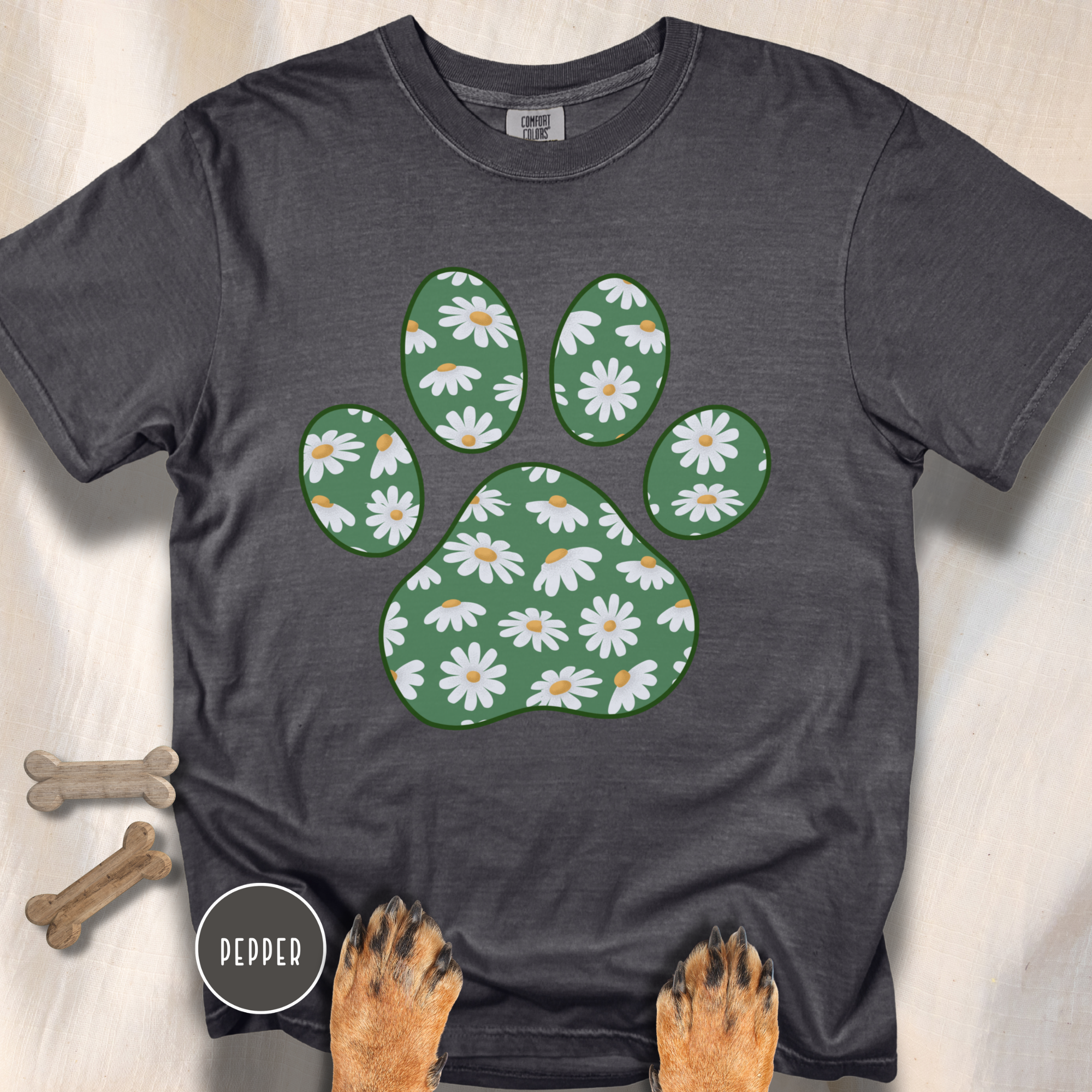 Daisies on Green Dog Paw T-shirt