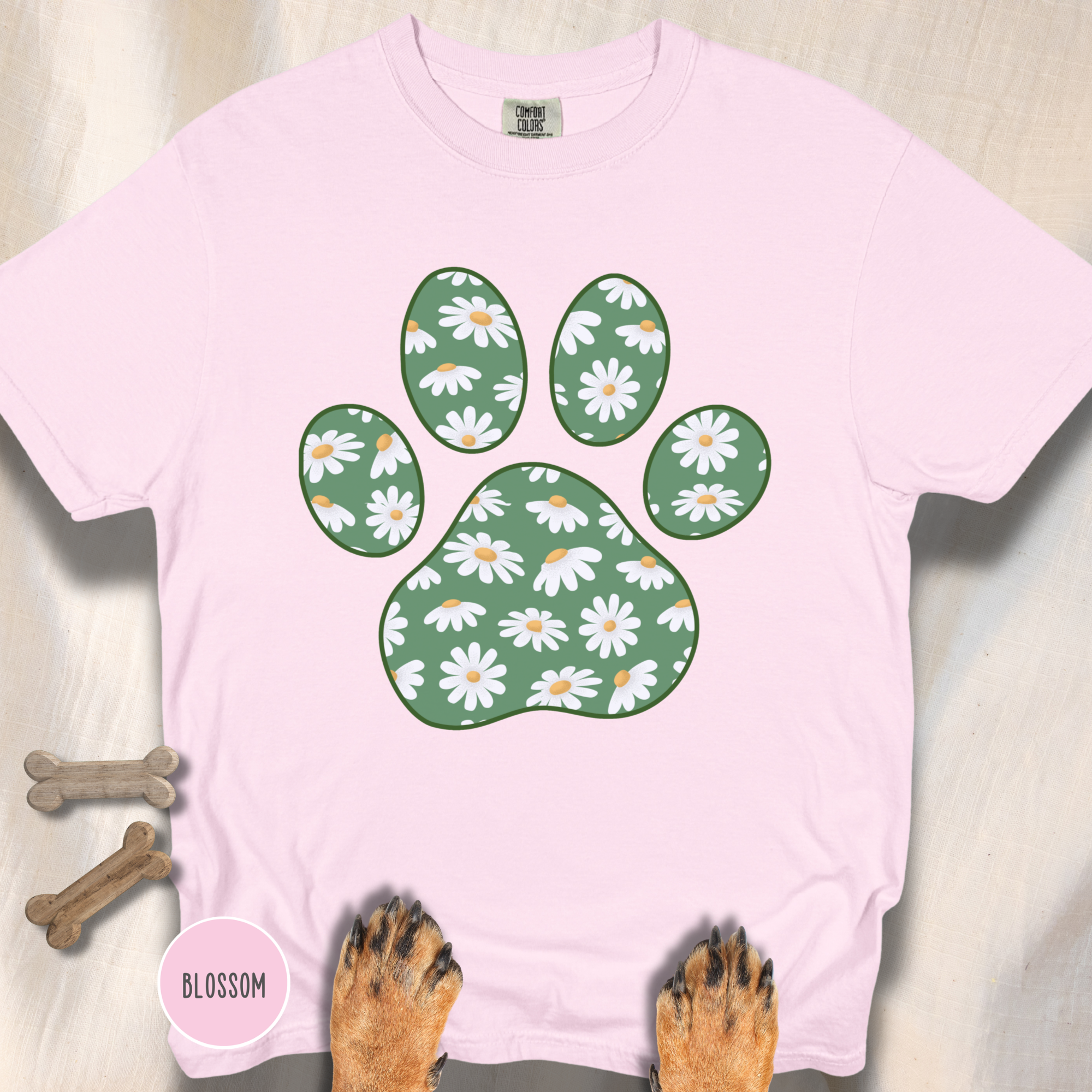 Daisies on Green Dog Paw T-shirt