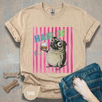 Whiskey, Hair of the Dog Pug Hangover T-Shirt. Pink stripes