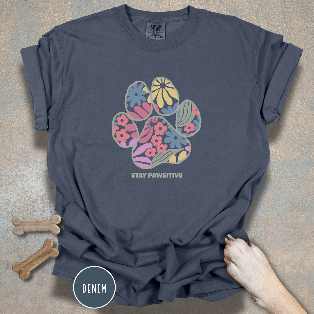 Stay Pawsitive Floral Paw Print T-Shirt