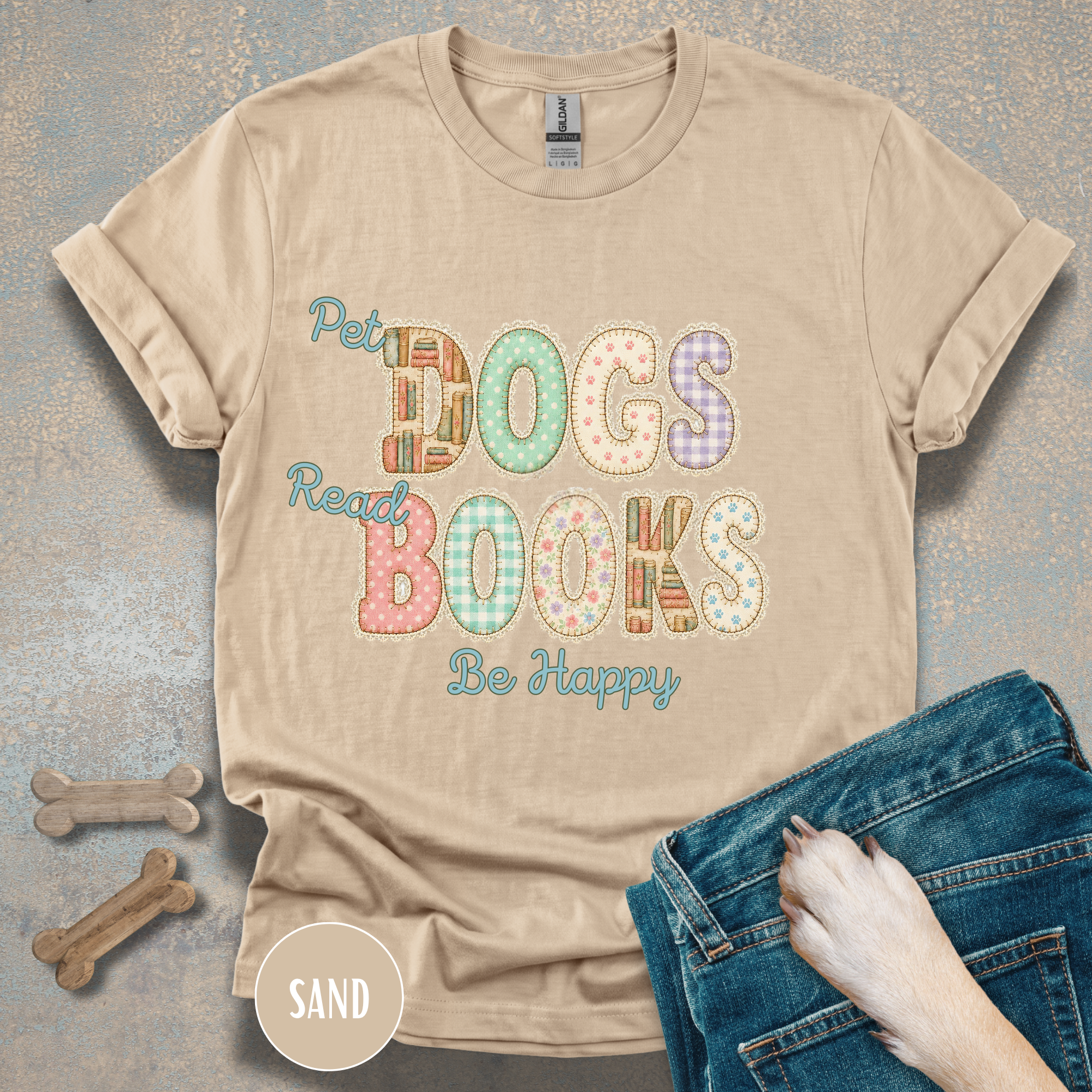 Pet Dogs, Read Books, Be Happy faux patchwork T-Shirt