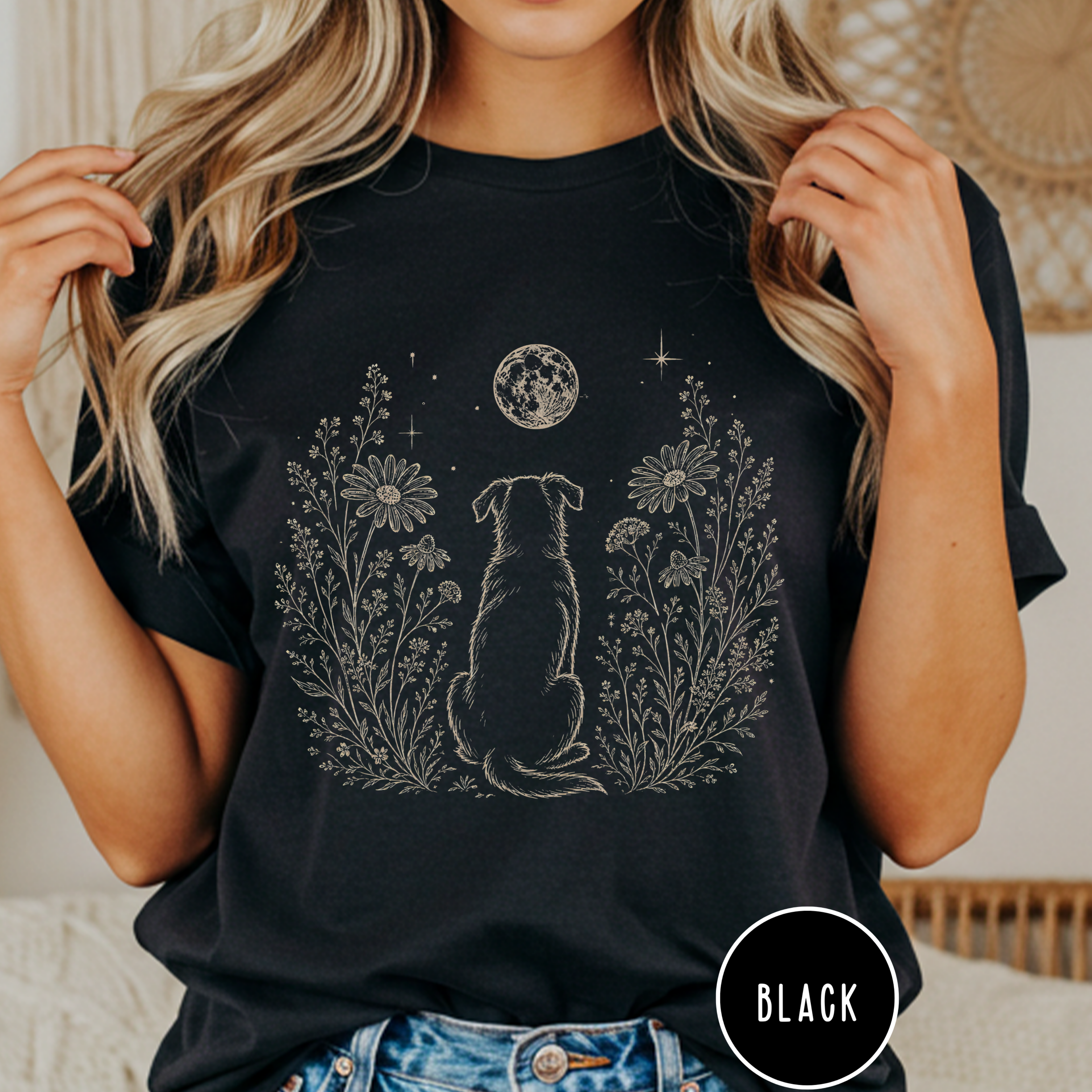 Dog in the Garden on a Moonlit Night T-shirt