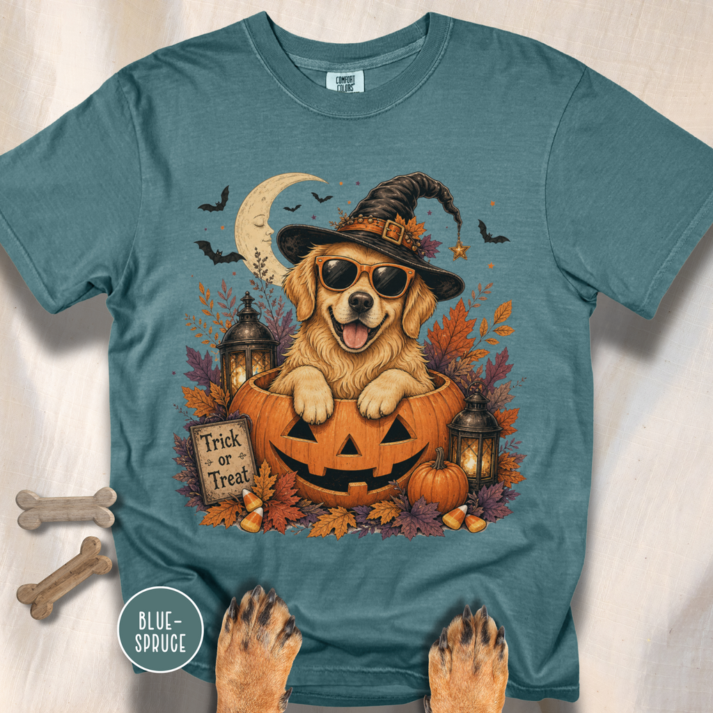 Golden Retriever in a Jack-o-Lantern T-shirt