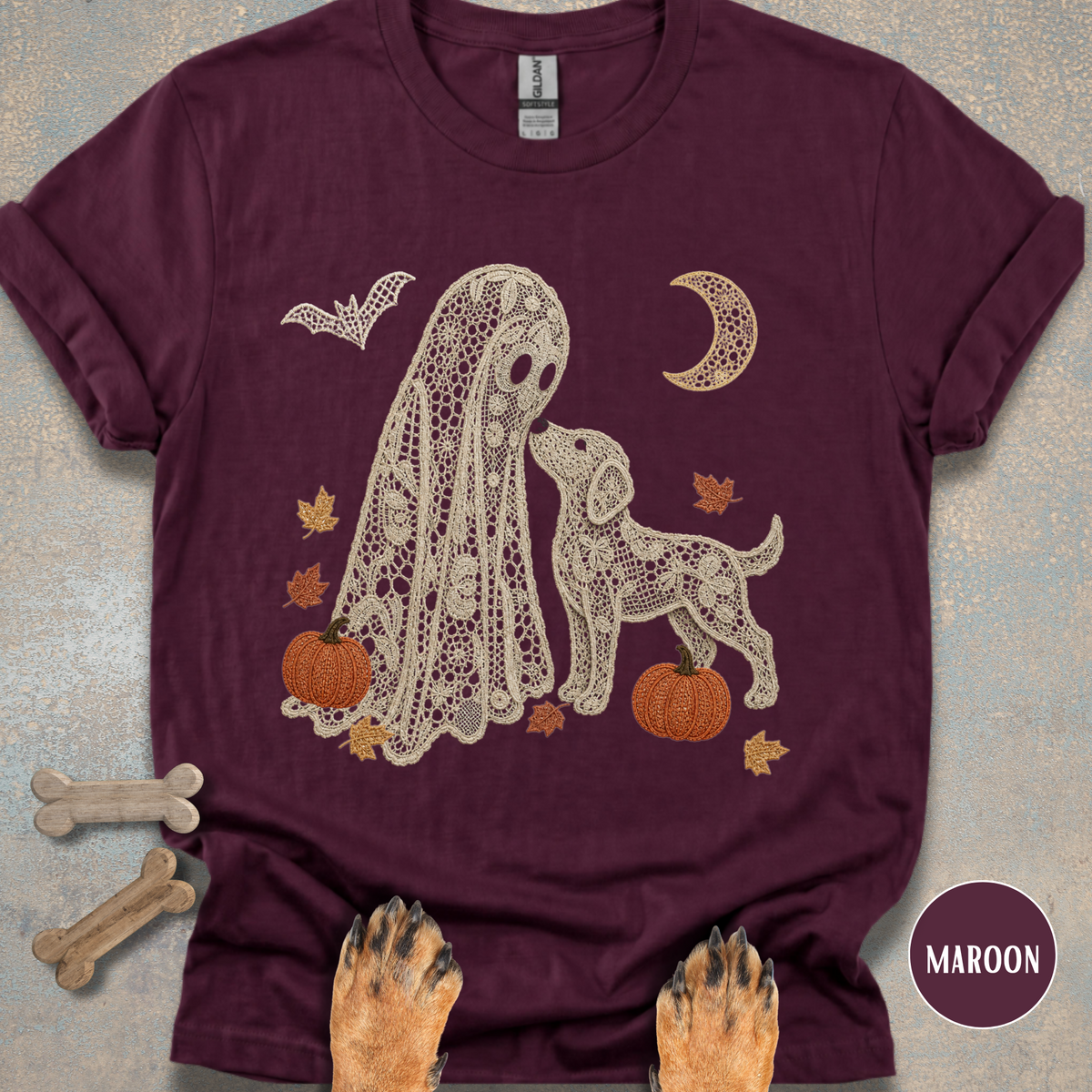 Faux Lace Ghost and Dog in the Fall T-shirt